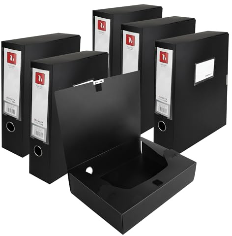 YKUKIZEE 6 Pack Black A4 Box Files Office 75 mm Spine Plastic Document Box | Foldable, for Filing Paperwork Archive