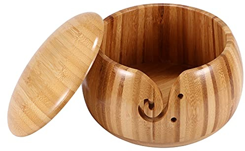 PCXWTLN Bamboo Yarn Bowl - Multi Bamboo Yarn Collect Knitting Bowl Wool Holder Crafted Wool Storage Accessories with Lid and Carved Holes for Knitting Crochet Home Decor
