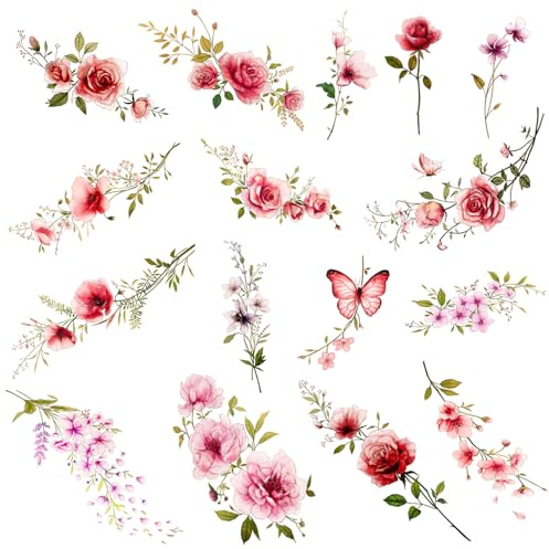 Nirbffo Blumen Temporäre Tattoos Aufkleber Rose Rote Blume für Frauen Körper Arm Kunst Gefälschte Körperkunst Fake Tattoos für Frauen Mädchen 16 Stück