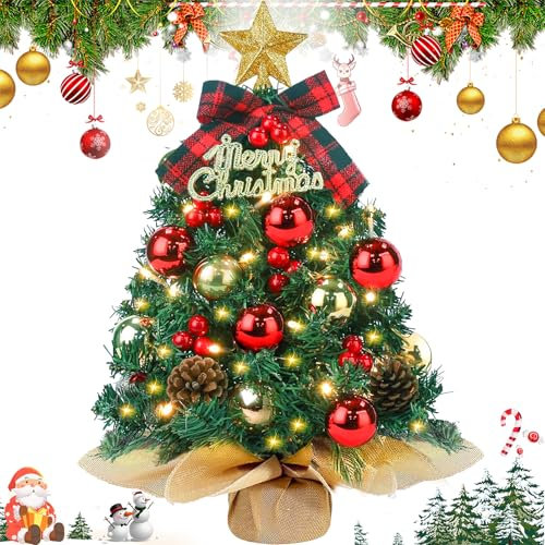 ZZXLOPEZ Pequeño Árbol de Navidad, Mini Árbol de Navidad Artificial Preiluminado de 50CM, Mini Árbol Navidad con Luces LED Adornos, Árbol de Navidad Pequeño para Decoración de Escritorio de Navidad