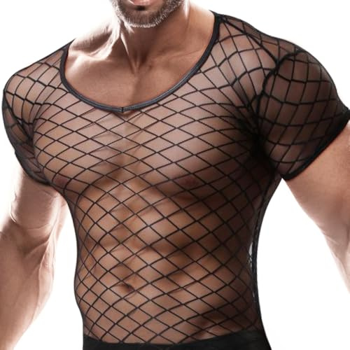 mizikuu Maillot de Corps en Maille pour Homme, Chemise en Maille avec Demi-Manches sans Manches pour Hommes T-Shirt Résille Transparent débardeur Filet Haut Fishnet Respirante sans Manches
