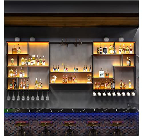 AYHARYLH Iron Bar Liquor Shelf,Modern Wine Storage Rack Wall Mounted With LED Light With Wine Glass Holder,Hanging Wall Mounted Wine Rack Bar Shelf Wine Display Storage Holder For Home Bar
