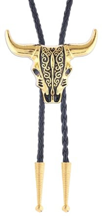 GelConnie Longhorn Bull Bolo-Krawatte für Herren, Indianer, Western-Cowboy, Leder-Krawatte, Bolo-Halskette für Damen, Gold, Texas, Kuh-Schädel-Halskette, Medium
