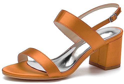 HFWXYSA Donna Sandali Scarpe da Sposa con Tacco Largo Cinturino alla Caviglia Punta Aperta in Raso Scarpe da Vestire da Festa,Arancia,38 EU