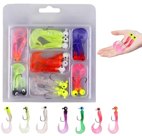 17 PCS Fishing Soft Lures Set Silicone Worm Soft Fishing Baits Artificial Curly Tail Grub Lures with Jig Heads for Bass Trout Catfish Perch Pike