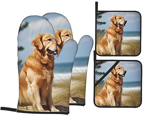 Mitaines De Cuisine Golden Retriever Antidérapant Baking Gloves Professionnel Maniques Cuisine pour Femmes Barbecue Grillade,4 Pièces