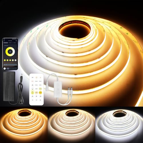 LED Strip 20M CCT, Bluetooth CCT COB LED Streifen mit APP & Fernbedienung, Musik Sync, Dimmbar 2700K-6500K Farbwechsel Lichtband, Selbstklebend LED Beleuchtung für Zimmer, Schlafzimmer,2 Rollen à 20m