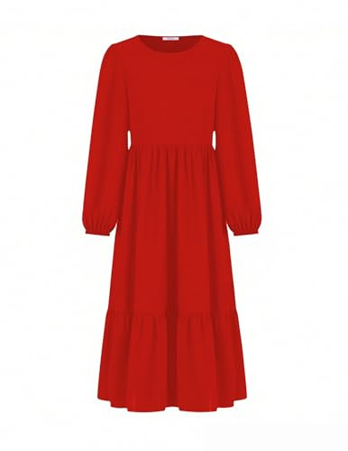 Arshiner Abito per Ragazze Vestito Rosso Natalizio Lungo per Il Tempo Libero Vestito a Trapezio Manica Lunga Abiti Festivi Bambini Autunno Inverno Abito da Festa Abbigliamento per Ragazze 10-11 Anni
