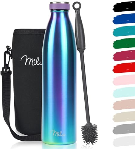 Milu Edelstahl Trinkflasche 350ml, 500ml, 750ml, 1L, 1,5L – Thermosflasche für Kinder Erwachsene auslaufsicher Isolierflasche Kohlensäure geeignet– inkl. Reinigungsbürste (Aurora, 1000ml)