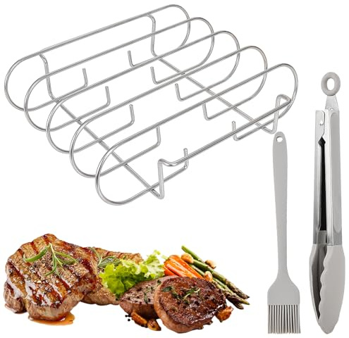 Support Spareribs pour Barbecue, Porte-Côtes en Acier Inoxydable avec Brosse en Silicone et Pince à Barbecue, Grille à Rôtir pour Steak, Compatible BBQ Gaz, Charbon et Four, 31.5 x 26 x 7.3 cm