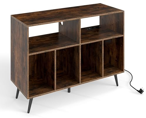 GIANTEX Soporte para Tocadiscos con 6 Compartimentos Abiertos, Estantería para Discos de Vinilo con Estación de Carga, 100 x 40 x 74,5 cm, Mueble de Almacenamiento para Salón, Dormitorio (Marrón)
