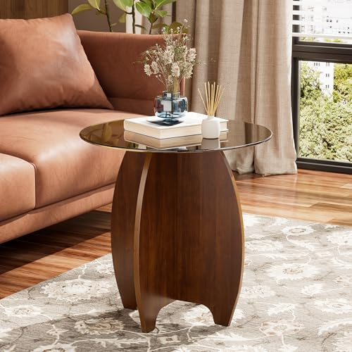Mesa de Centro Redonda de Cristal Templado con Base De Madera Mesa de Salón Mesa Auxiliar Redonda Mesa de Café de Salón Minimalista Table de Centro Pequeña para Salón Sofá Dormitorio Oficina Ø 50CM