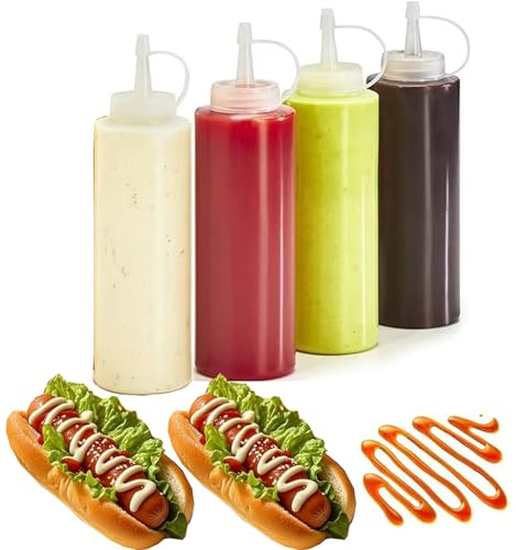 Squeeze Flaschen Set 500ml, 4 Stück Quetschflaschen mit Kappen, Saucenflaschen mit Reinigungsbürste für Ketchup, Soße, Öl