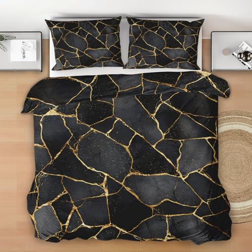 Générique Housse de Couette 220x240 Fissure Or Noir, Réversible Parure de Lit Abstrait Moderne, Ensemble de literie Microfibre 3 Pièces avec Fermeture Éclair + 2 Taie d'oreiller 65x65cm
