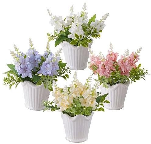 LUEUR 4PCS Artificial Spring Flower with Ceramic Pot, Spanish Dagger Plants Centerpiece Table Decorations – Faux Plants in Ceramic Planters for Dining Table, Coffee Table, Home, Office & Spring Decor