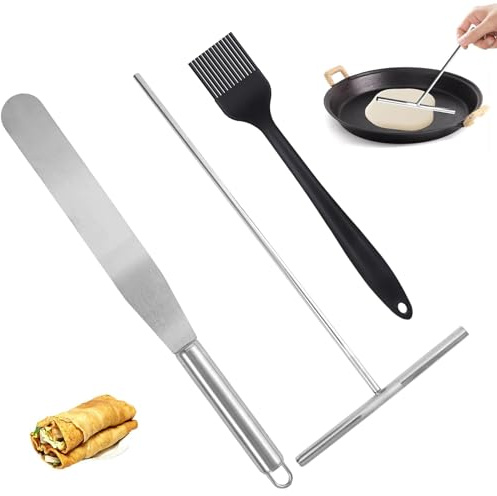 Crêpes Accessory Set 3-Piece Crepe Distributor with Dough Scraper, Stainless Steel, Heat Resistant Spatula and Oil Brush for Pancakes