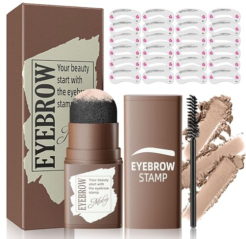 Eyebrow Stamp Stencil Kit - Eyebrow Powder and Eyebrow Stencils for Shaping with Eyebrow Brush, Long-Lasting Waterproof Brow Shaping Kit with 24 Reusable Thin & Thick Eyebrow Stencils (Light Brown)