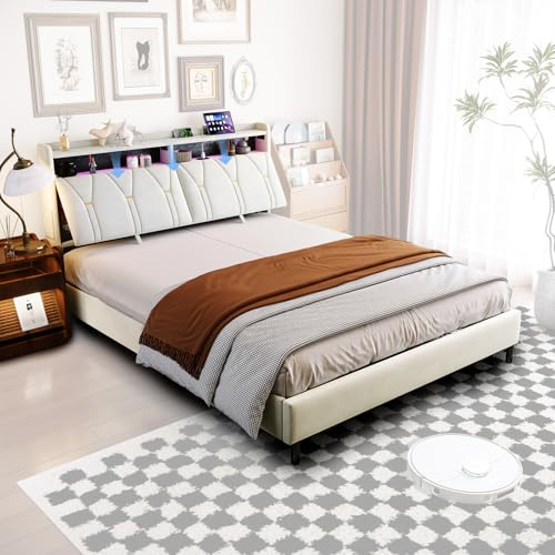 NFHVlo Letto Matrimoniale Multifunzionale 160x200 con Led Striscia e USB C, Letto Imbottito Velluto Moderno con Testiera Contenitore Regolabile, Doghe in Legno, Struttura Metallo, Beige-500 kg