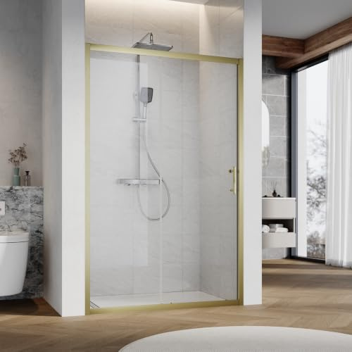 SUNXURY Schiebetür 120x185cm 5 mm Sicherheitsglas Klarglas Duschtür Gold | Schiebetüren,Gebürstetes Gold Aluminiumrahmen,hochwertigen Rollen,H-förmiger Griff,Platzsparend,ideal für kompakte Badezimmer