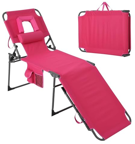GarveeHome Tumbona Plegable para Exteriores con Orificio Facial, Respaldo Ajustable 5 Posiciones, Almohada y Bolsillo Lateral, Portátil para Patio Piscina Jardin Playa – Rosa