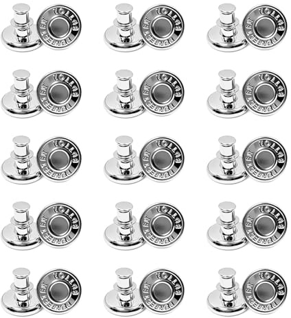 30 Pièces Lot de boutons jean clipsables en métal, bouton pression à coudre réutilisable, bouton jean ajustable, idéal pour bouton pantalon, sacs et projets de couture, Facile à Installer