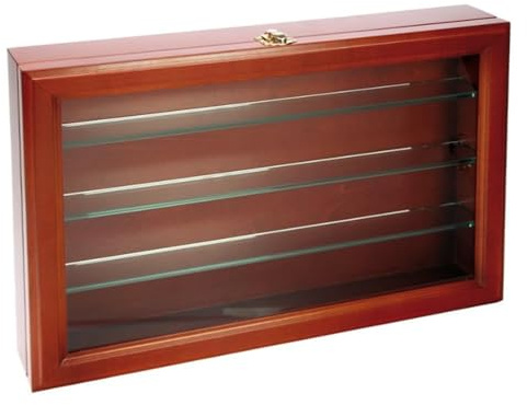SAFE Holzvitrine mit Echtglasböden, 36 x 24 x 7 cm, mahagonifarben | Mahagonifarbene Sammlervitrine aus Massivholz mit Echtglasscheibe, 5-mm-Glasböden und verstellbarer Einteilung