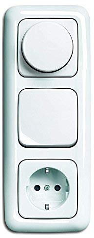 LED Dimmer KomplettSet BUSCH JÄGER, Drehdimmer alpinweiß Reflex SI 6523-U 102 (6523 U-102) in 3fach Rahmen + Steckdose mit integriertem erhöhtem Berührungsschutz (Kinderschutz) + Wippschalter + Wippe