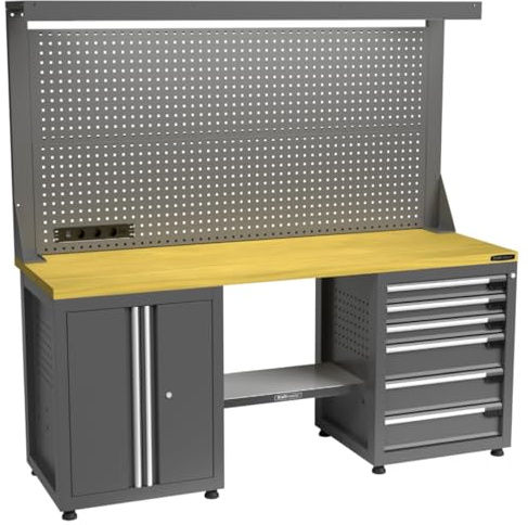 Kraftmeister werkbank 200 cm - mit Werkzeugwand, 6 Schubladen, 2 Türen und MDF-Arbeitsplatte - Grau
