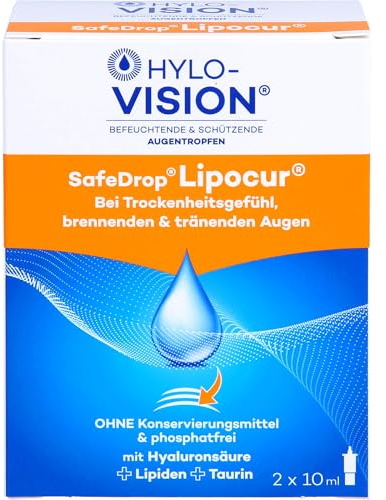 Hylo-Vision SafeDrop Lipocur Augentropfen – 3-facher Schutz & Linderung bei Trockenheitsgefühl, brennenden, tränenden Augen & Lipidmangel, konservierungsmittelfrei, geeignet bei Kontaktlinsen, 2x10 ml
