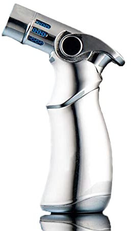 Foern Briquet Torche à 4 Jets, Briquets à Cigares Au Butane Rechargeable, Allumette Chalumeaux pour Cuisine Brulée Crème Camp Bougie Grill Cuisson Barbecue (sans Butane),Silver