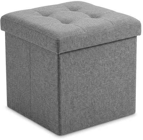CMY Pouffe Footstool Folding Ottoman Storage Box Faux Leather Foot Rest Stool Toy Chest Shoe Bench Dressing Table Chair with Lids for Living Room (Grey Linen)