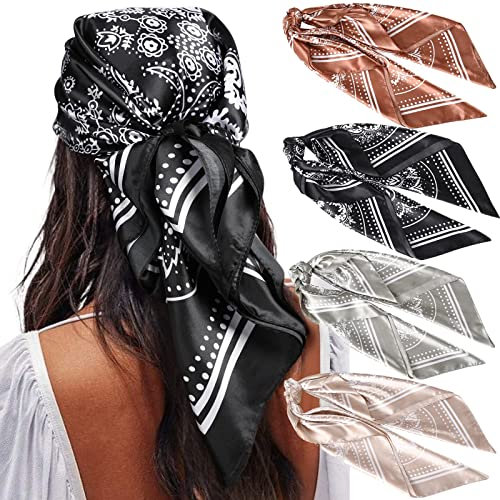 90x90cm Große quadratische Fleckschals für Damen - WELROG 4 PCs Frauen Seidig wie Kopftuch Bandanas Haarschal Halstuc Schlafringe (Set #9)