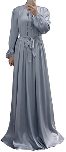 OBEEII Damen Muslim Roben Einfarbig Muslimisches Kleid Islamische Gebetskleidung Vollständige Abdeckung Türkische Robe für Ethnische, Braut, Abend, Party, Hochzeitskleid Grau M