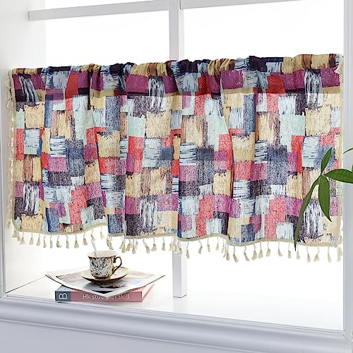 USbelff Kariert Leinen Küchen Vorhang, Landhausstil Scheibengardine Vintage 45 cm Hoch 132 cm Länge, Quasten Bistrogardine Retro Vorhänge, Fensterdekoration für Schlafzimmer Wohnzimmer