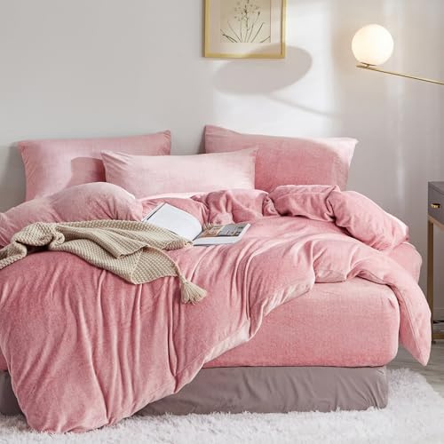 Luofanfei Winterbettwäsche 200x200 Rosa Samt Thermo Plüsch Frottee Winter Bettwäsche Set Cashmere Touch Flausch Hellrosa Microfaser Fleece Kuschel Bettbezug 200x200 und Kissenbezüge 80x80 cm