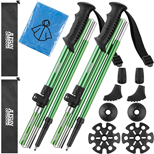 AISUNOUTDOOR Green Trekking Walking Hiking Poles or Sticks Aluminum Lightweight Collapsible for Men Women for Climbing 2 Pack Adjustable Gear with One Free Disposable Raincoat