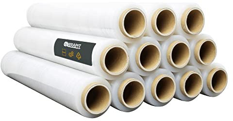 Wrap It Berlin Stretchfolie, universal Wickelfolie, Palettenfolie, Verpackungsfolie für Möbel, Kartons, Versand, Umzug, dehnbar, leicht abrollend, manuell, Abroller geeignet (12 Rollen - Transparent)