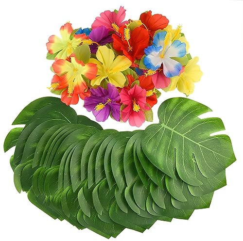 AUOCATTAIL 60 hojas de palma tropicales, flores de hibisco, plantas artificiales, hojas de tortuga, para hawaiano, luau, safari, selva, boda, verano, fiesta, decoración de mesa