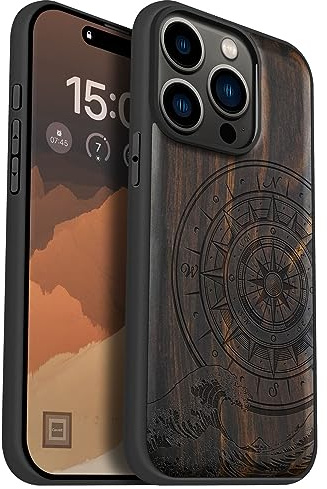 Carveit Holz Handyhülle für iPhone 15 Pro Handyhulle kompatibel mit MagSafe Massivholz für Apple 15 Pro Handyhülle Stoßfeste Stoßstange Weich TPU hulle（Dunklesholz-Der Kompass vor Kanagawa Waves）.
