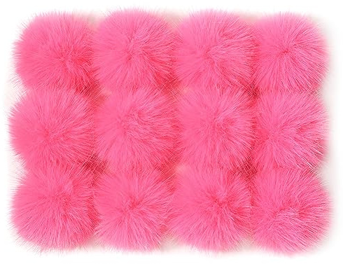 Furling Pompoms Faux Fur Pom Poms 3 inch Fluffy Pompom Ball with Elastic Cord for Knitting Crafts Hats Christmas Charm DIY Accessories,Pack of 12 Dark Pink