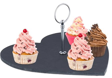 Relaxdays Piatto in Ardesia a Cuore, Vassoio da Portata con Manici per Sushi, Formaggi, Dessert, Tagliere, Antracite, 25 x 25 cm