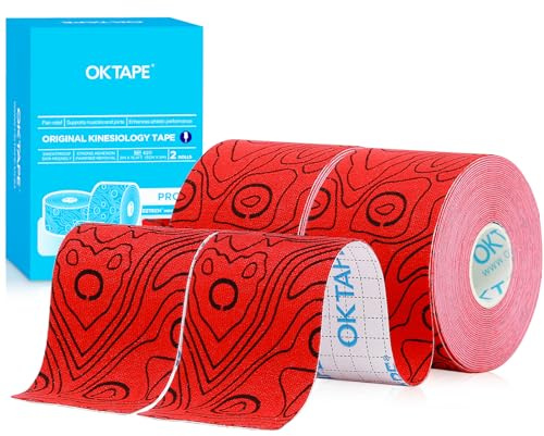 OK TAPE Pro Kinesiotejp, 5 cm x 5 m, 2 rullar, röd | Vattentät hudvänlig elastisk kinetejp för knävärk, armbågar och axlar