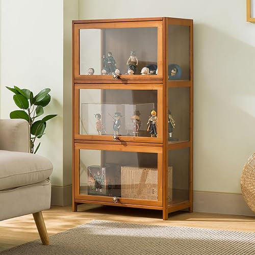 KUYATE Glasvitrine, antiker Schrank mit Glastür, antiker Schrank mit natürlichem Bambusrahmen, eintüriges Design, versiegelt und staubdicht 70x32x106cm/L27.5xW12.6xH41.7in Brown