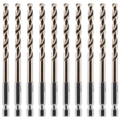 Rennie Tool Box of 10 x 5mm Hex Shank HSS Cobalt Jobber Drill Bits Set | For Stainless Steel, Hard Metals, Aluminium, Cast Iron, Copper. Twist Drill Bit Sets. 5mm Drill Bits Gold Metric Drill Set