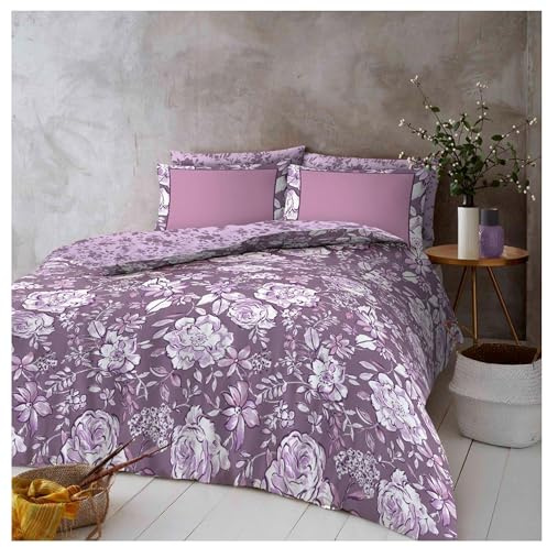 Lions Floral Bedding Set - 4 Piece King Size Bed Duvet Cover with Pillowcase Fitted Sheet, Soft Poly Cotton Reversible Quilt Covers, Purple Lilac