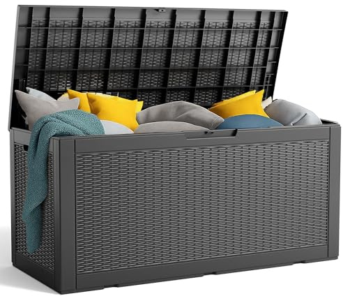 PatioZen 100 Gallon Resin Deck Box, Lockable Patio Outdoor Storage Box for Furniture, Garden Tools and Tools Storage, Waterproof Outside Storage Boxes - Black
