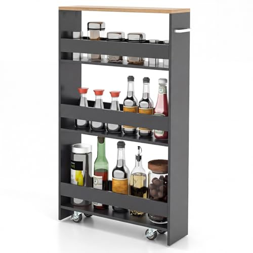 COSTWAY Nischenwagen 13cm breit, 4 Etagen Küchenwagen schmal, Nischenregal auf Rollen, Servierwagen mit Griff & Geländern, Badregal Holz, für Küche, Badezimmer, 47,5x13x80,5cm (Grau+Natur)
