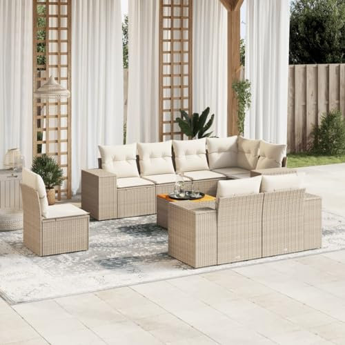 Rantry 9-TLG. Gartenmöbel Set mit Kissen Gartensofa Gartenlounge Balkonmöbel Loungesofa Ecksofa Rattansofa Ecklounge Sitzgruppe mit Gartentisch Loungemöbel Beige Poly Rattan