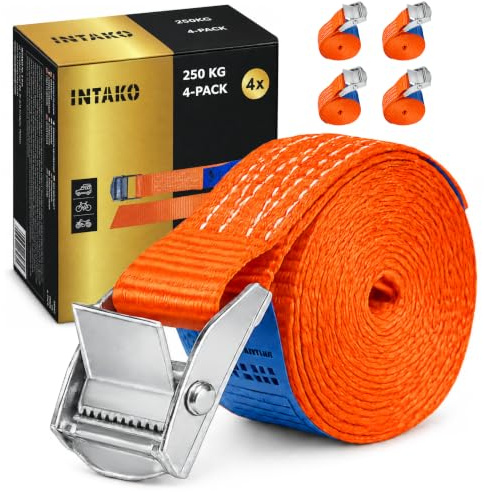 INTAKO Spanngurte mit Klemmschloss 25 mm x 250 kg - 4 Stück - DIN EN 12195-2 - Gurte zum Befestigen - Zurrgurt mit Schnellverschluss - Spannriemen - Gurtband für Fahrräder, Trolleys, Dachbox
