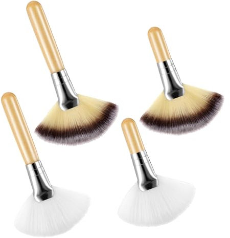 Qianyu 4 Pieces Facial Fan Brushes Soft Synthetic Fibers Makeup Brushes with Wooden Handle Blush Powder Cosmetic Applicator for Blending Face Highlighting Eyeshadow Buffing Portable Cosmetic Tools
